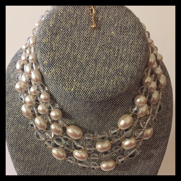 Vintage Jewelry - Faux Pearl & Clear Beads 4 Strands Necklace